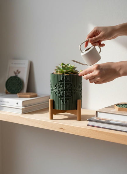 3D Printed Textured Planter w/ Stand & Removable Drip Tray - Diamond House