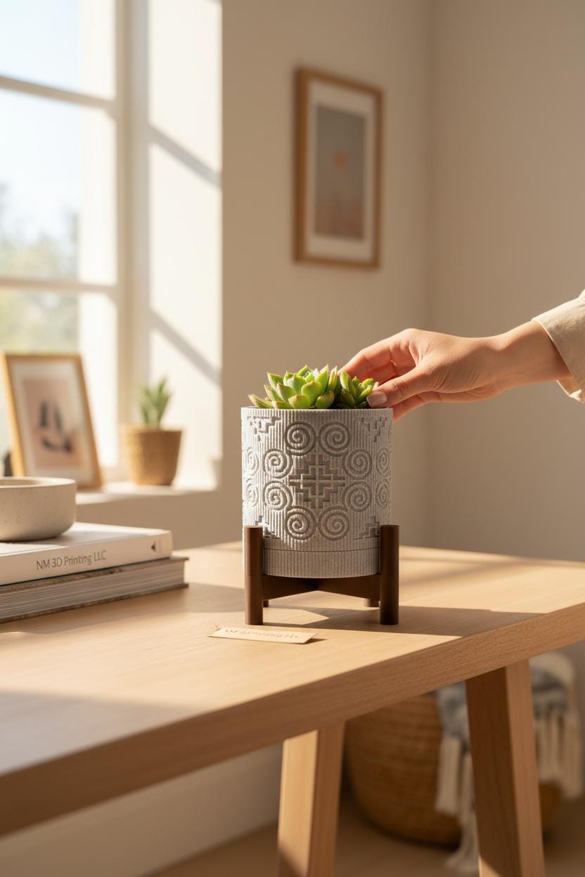 3D Printed Textured Planter w/ Stand & Removable Drip Tray - House in Elephant Foot
