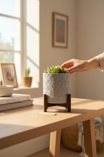 3D Printed Textured Planter w/ Stand & Removable Drip Tray - House in Elephant Foot