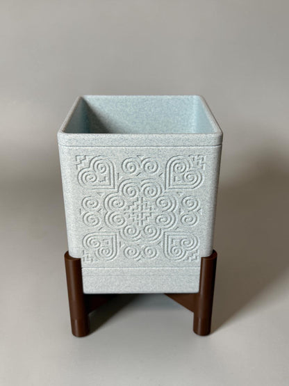 3D Printed Square Planter w/ Stand & Removable Drip Tray - Elephant Foot w/ Heart Corners