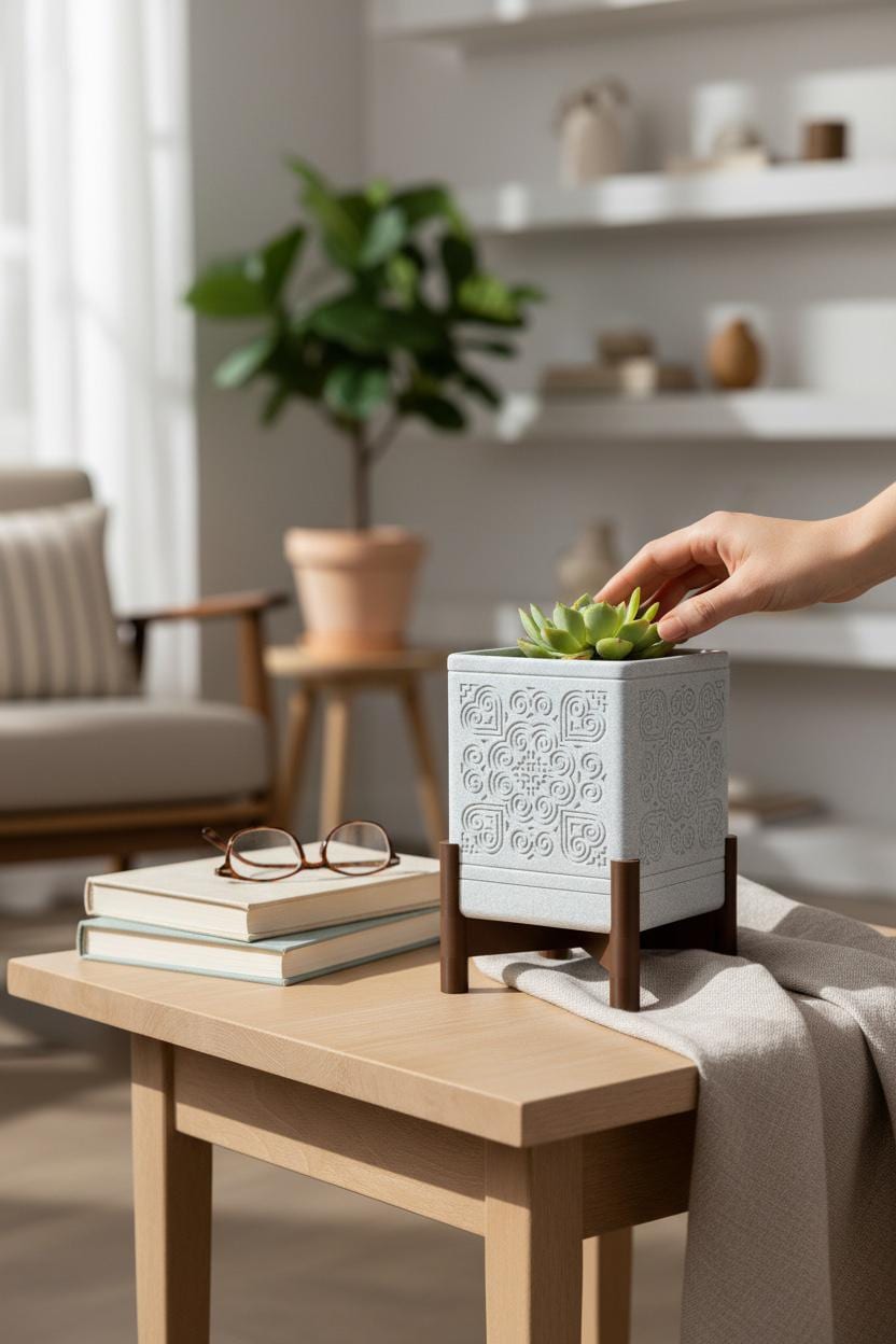 3D Printed Square Planter w/ Stand & Removable Drip Tray - Elephant Foot w/ Heart Corners