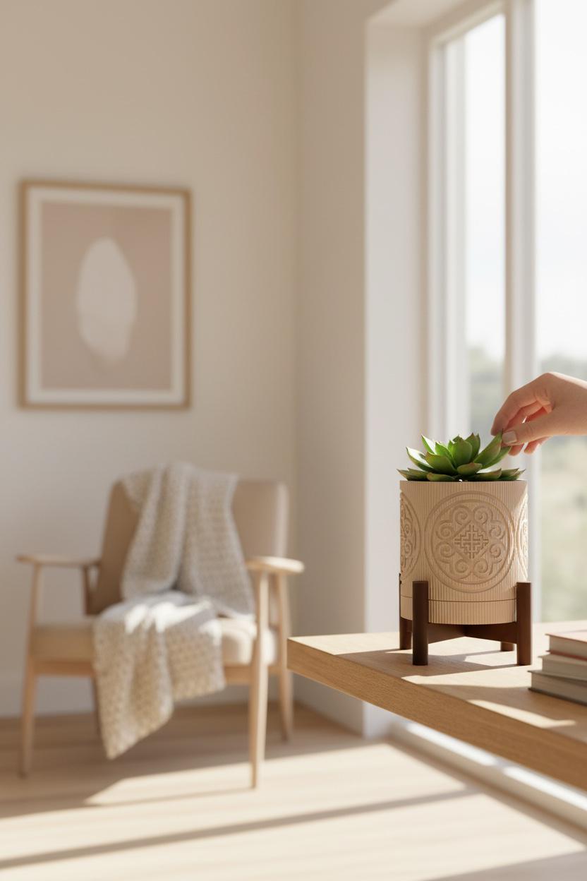 3D Printed Textured Planter w/ Stand & Removable Drip Tray - Elephant Foot in Circle