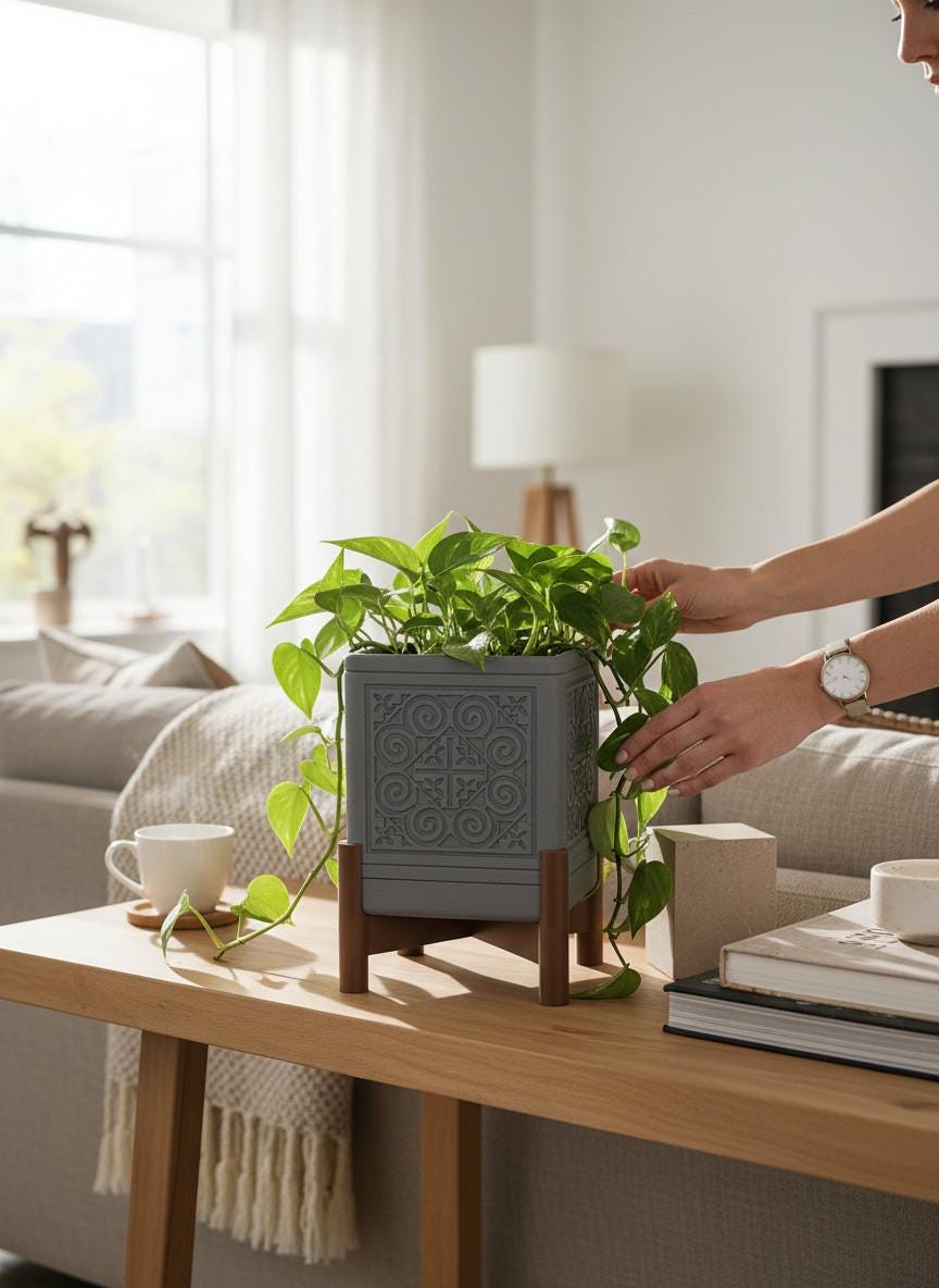 3D Printed Square Planter w/ Stand & Removable Drip Tray - Snail in Elephant Foot